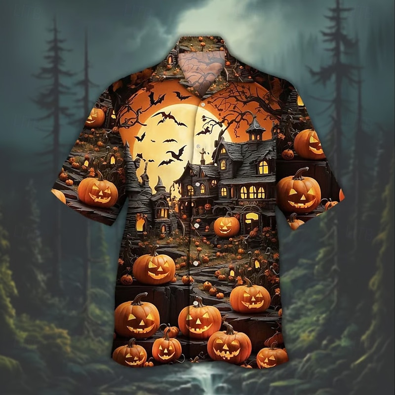 Halloween Men's Pumpkin Haunted House Halloween Costumes Shirt Cuban Collar Shirt Button Up Shirt Short Sleeve Dark Punk Gothic Style Holiday Streetwear Summer Camp Collar Shirt 3D Print Orange