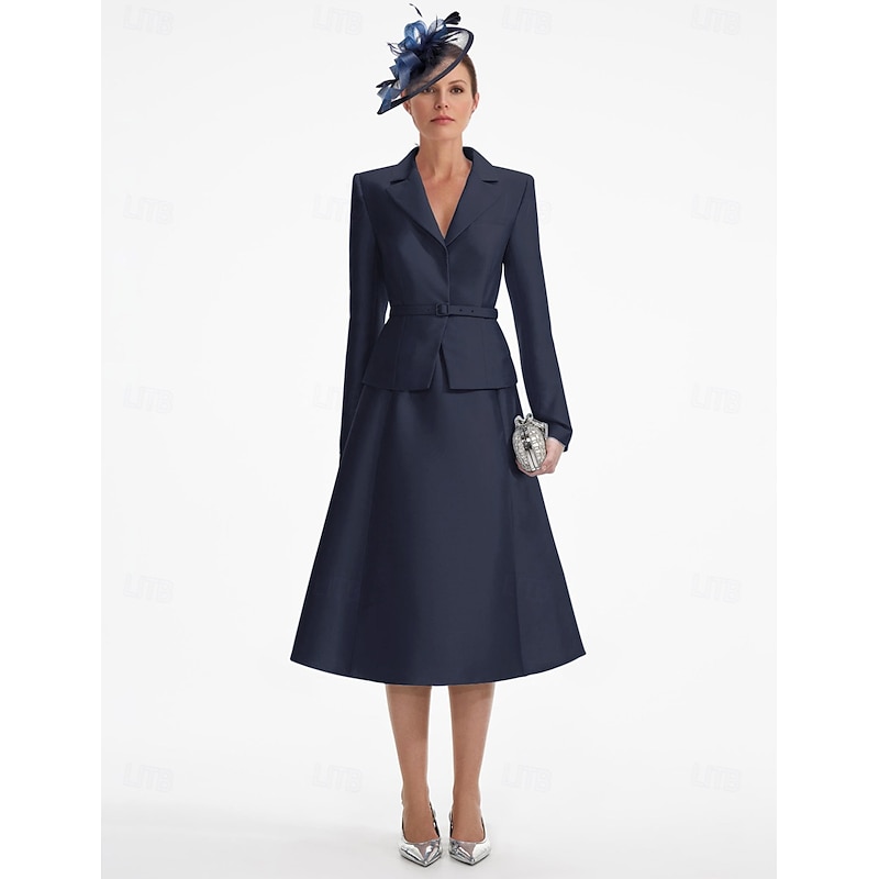 Tuxedo Dress A-Line Formal Wedding Guest Satin Elegant Long Sleeve Tea Length Notched Lapels3