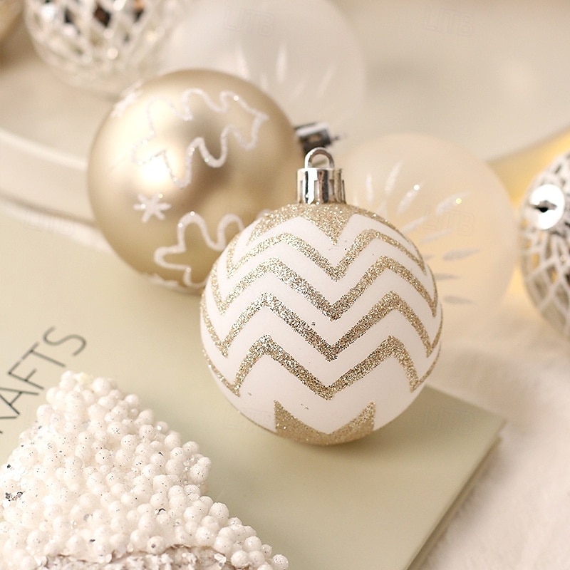 16 pcs Christmas Tree Balls Baubles Ornaments, 6 cm/2.36 inch Xmas Decoration, Champagne Gold & White Hanging Set, Home Party Tree Decor2