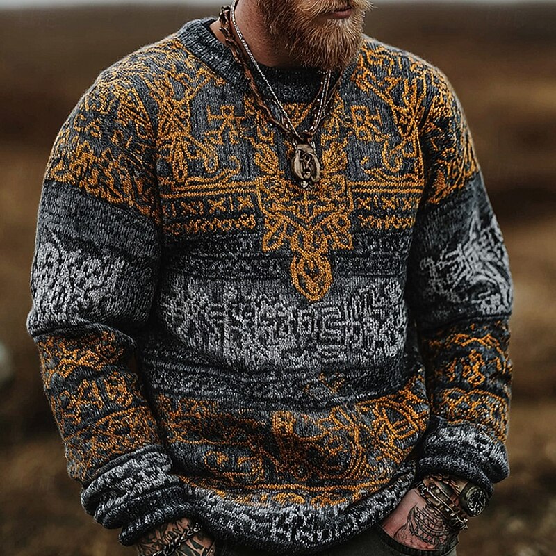 Men's Graphic Pullover Sweater Jumper Knitwear Crewneck Retro Vintage Casual Vacation Home Street 3D Print Knitting Keep Warm Long Sleeve Spring Fall Winter Brown