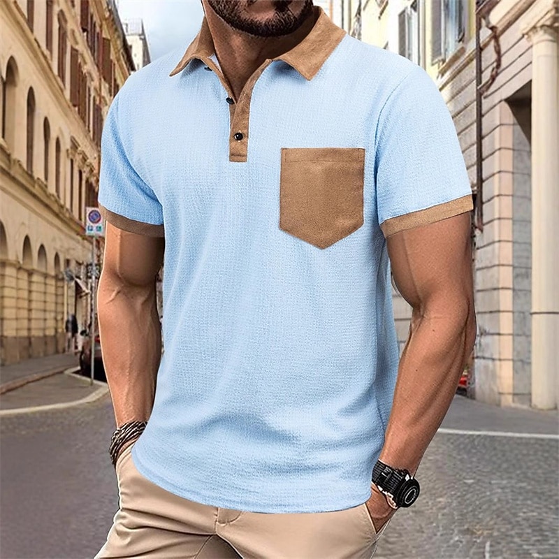 Men's Golf Shirt Golf Polos Shirts Work Casual Lapel Short Sleeve Basic Modern Color Block Patchwork Pocket Summer Spring Regular Fit Camel Black Light Blue Golf Shirt