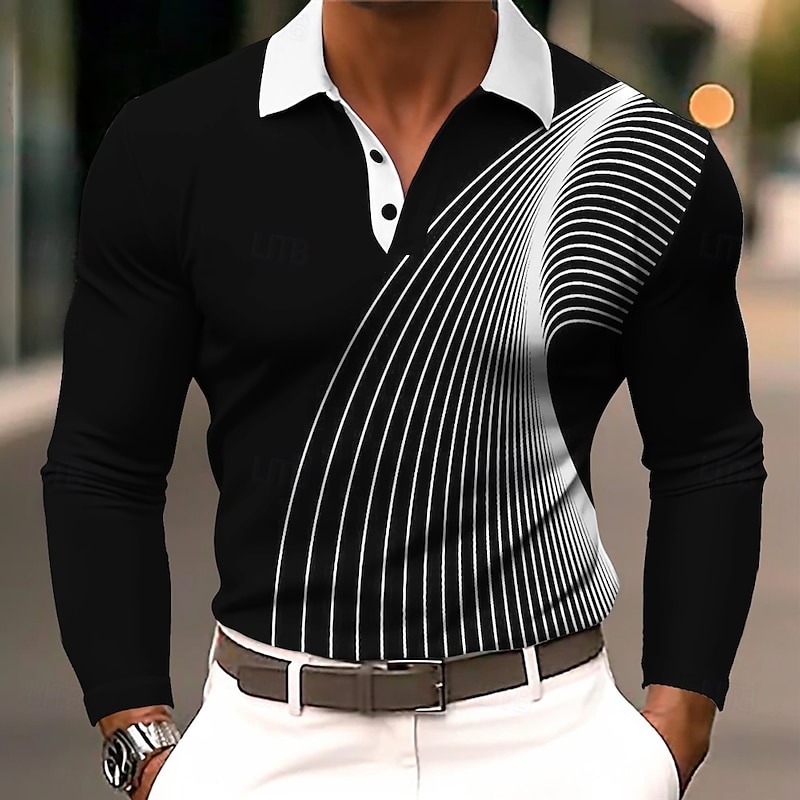 Men's Geometic Line Polo Long Sleeve Polo Shirts Lapel Business Casual Athleisure Daily Wear 3D Print Buttons Spring Fall Winter Black Blue Orange3
