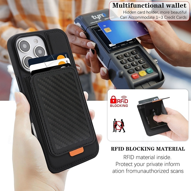 Phone Case For iPhone 17 Pro Max 17 Air 16 15 14 Pro Max Plus 16e 13 Pro Max Back Cover Magnetic Kickstand Card Slot Retro TPU Carbon Fiber4