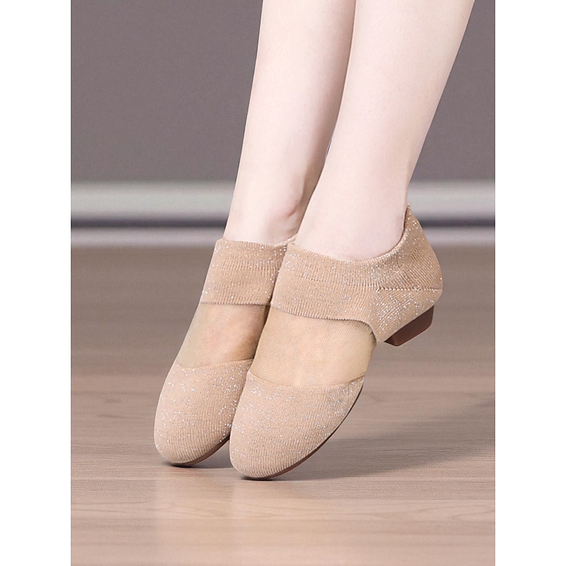 Women's Beige Knit Jazz Shoes with Glitter Detailing - Professional Dance Footwear2