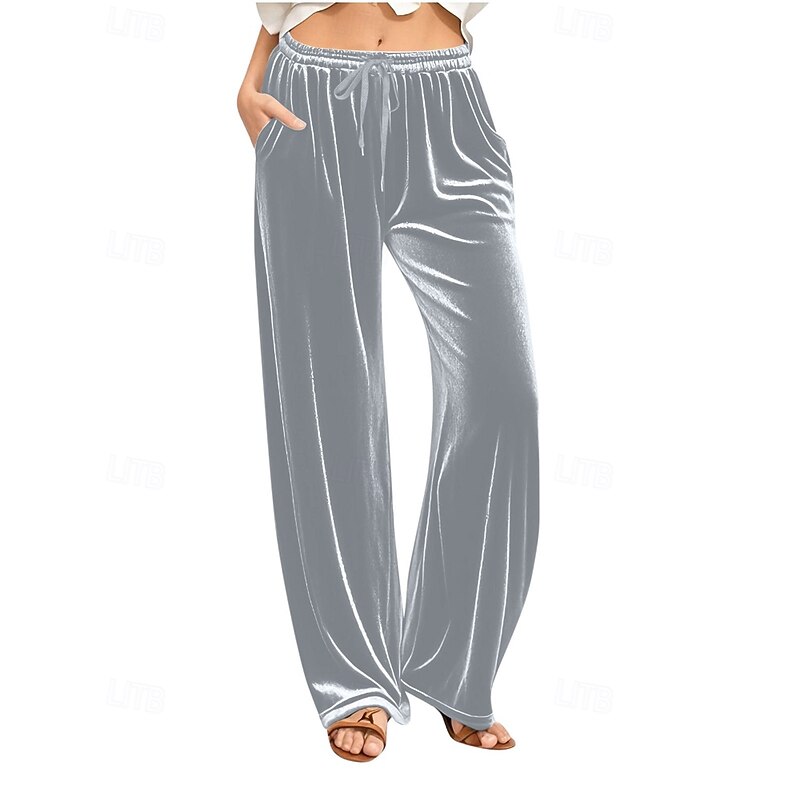 Women's Wide Leg Corduroy Pants Slacks Streetwear Casual Full Length Natural Plain Pocket Elastic Drawstring Design Comfortable Street Holiday Weekend Dark Brown Rust Black White Fall Regular Fit3