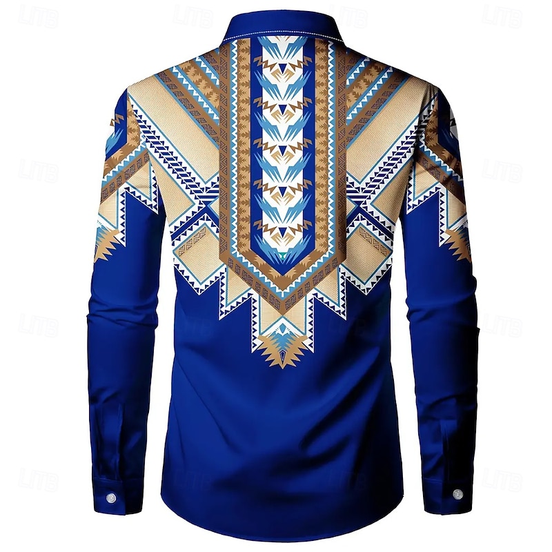 Men's Ethnic Indian Culture Navajo Pattern Shirt Button Up Shirt Casual Dress Shirt Long Sleeve Vintage Retro Vacation Daily Streetwear Summer Spring Turndown 3D Print Collared Shirts Dark Blue2