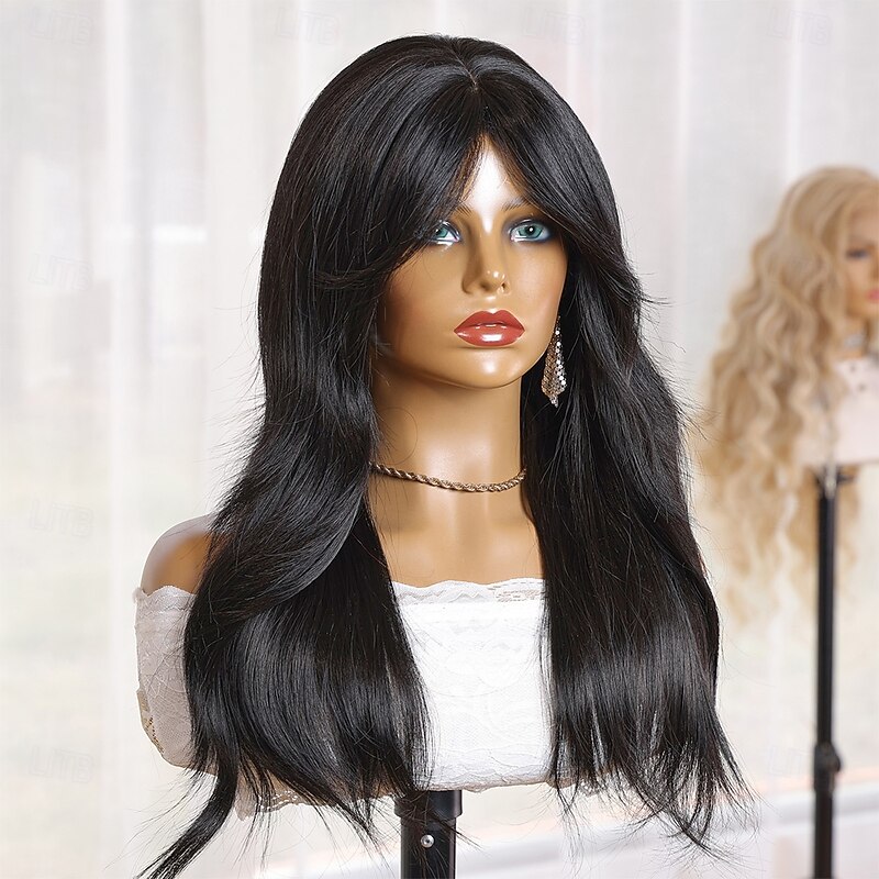 Synthetic Wig Wavy Loose Curl Middle Part Machine Made Wig 22 inch Black Synthetic Hair 22 inch Women's Soft Comfortable Black3