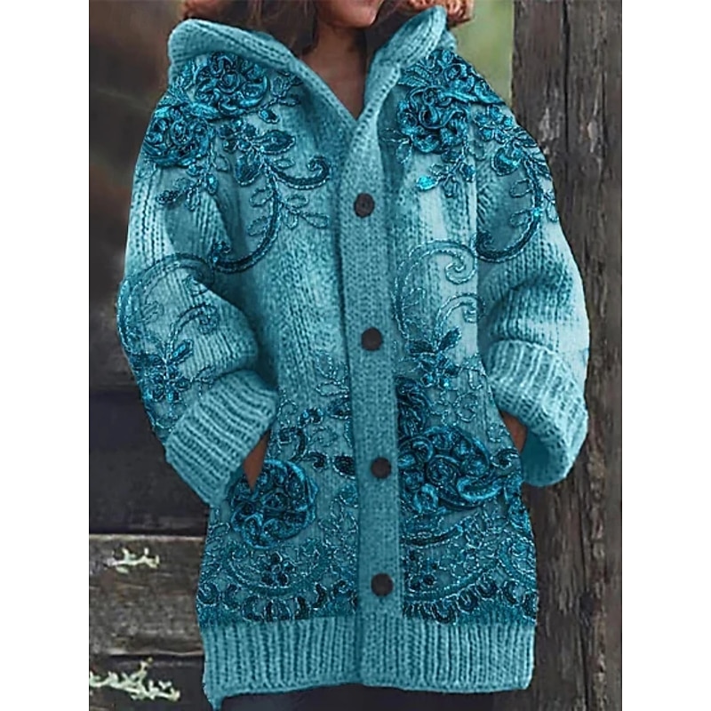 Women's Cardigan Vacation Daily Floral Ribbed Hooded Knitted Print Front Pocket Long Sleeve Regular Tops Knit Outdoor Daily Holiday Blue Purple Fall Winter