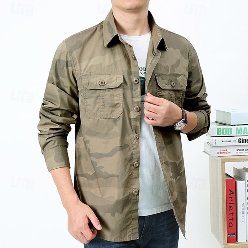 Men's Cargo Shirt Hiking Shirt Waterproof Shirt Long Sleeve Turndown Top Outdoor Breathable Cotton Camo Army Green Khaki Grey Hunting Workout Traveling4