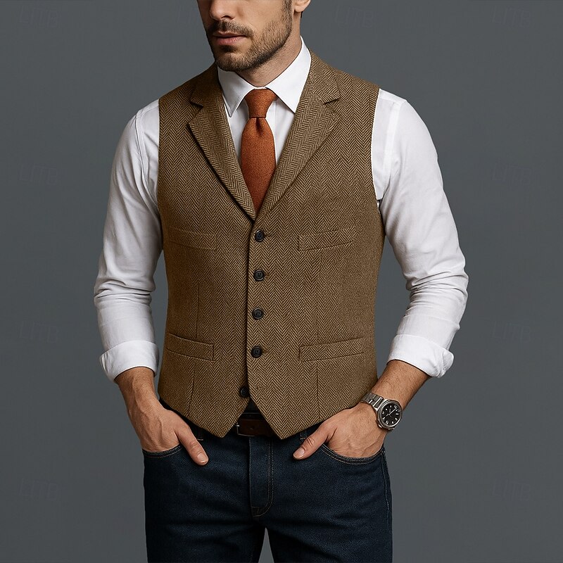 Men's Vest Waistcoat Formal Wedding Vacation Daily Fashion Classic Spring Fall Pocket Buttons Wool Acrylic Comfortable Plain Herringbone Single Breasted Lapel Regular Fit Black Champagne Red Burgundy2
