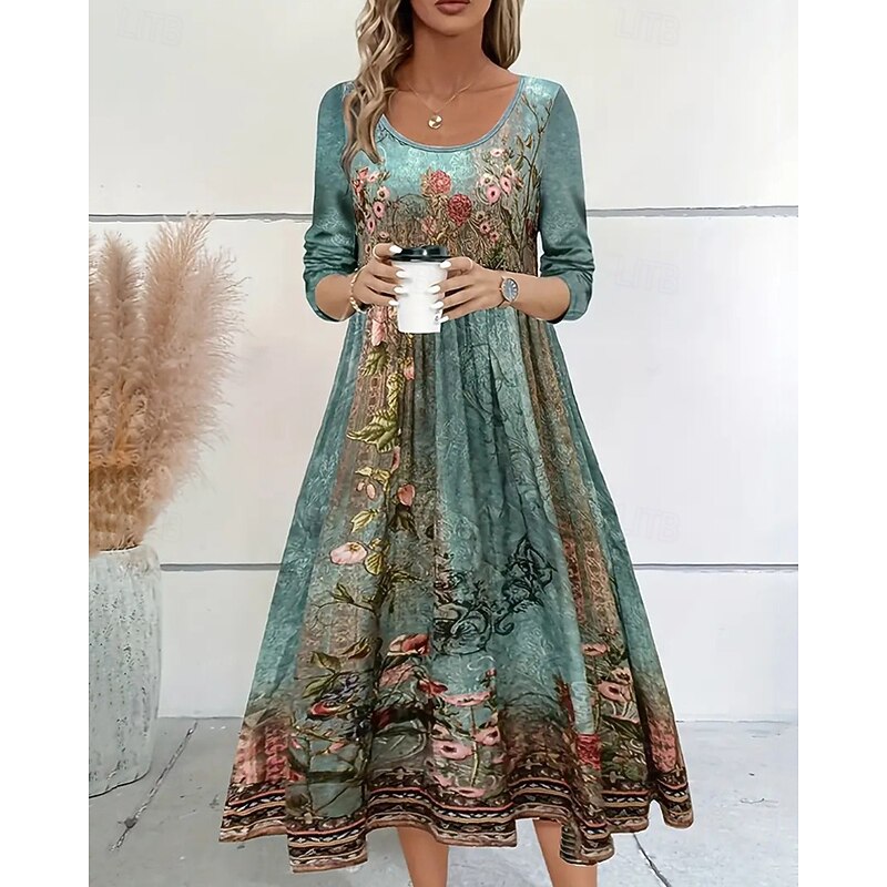 Women's Midi Dress Casual Dress Print Dress Vintage Modern Daily Date Weekend Regular Fit Flower Long Sleeve Crew Neck Blue Green Light Blue Spring Fall2