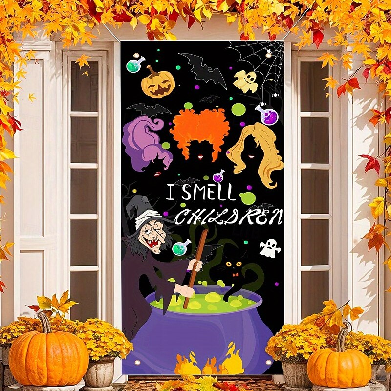 Hocus Pocus Inspired Halloween Door Cover – I Smell Children Witch Banner for Indoor/Outdoor Decor
