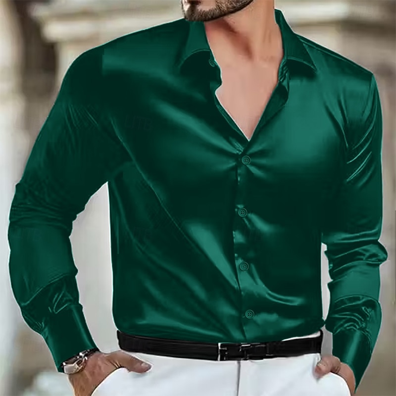 Men's Shirt Silk Like Satin Shirt Dress Shirt Button Up Shirt Plain Formal Wedding Black White Wine Blue Long Sleeve Lapel Spring &  Fall All Seasons Clothing Apparel