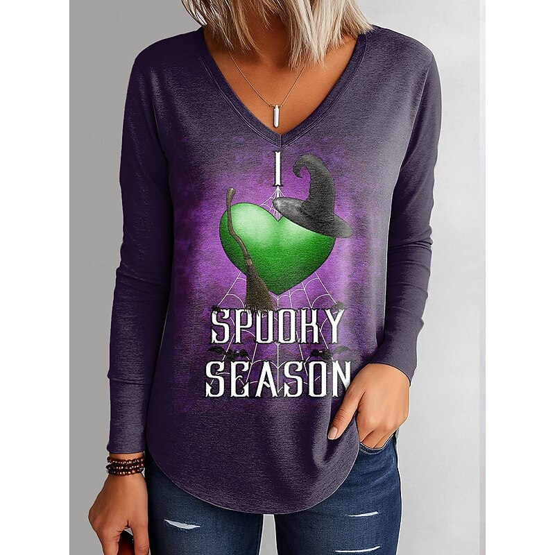 Halloween Women's T Shirt Graphic Halloween Elegant Vintage Stylish Long Sleeve V Neck Regular Tops Daily Going out Weekend Print Blue Purple Green Spring Fall