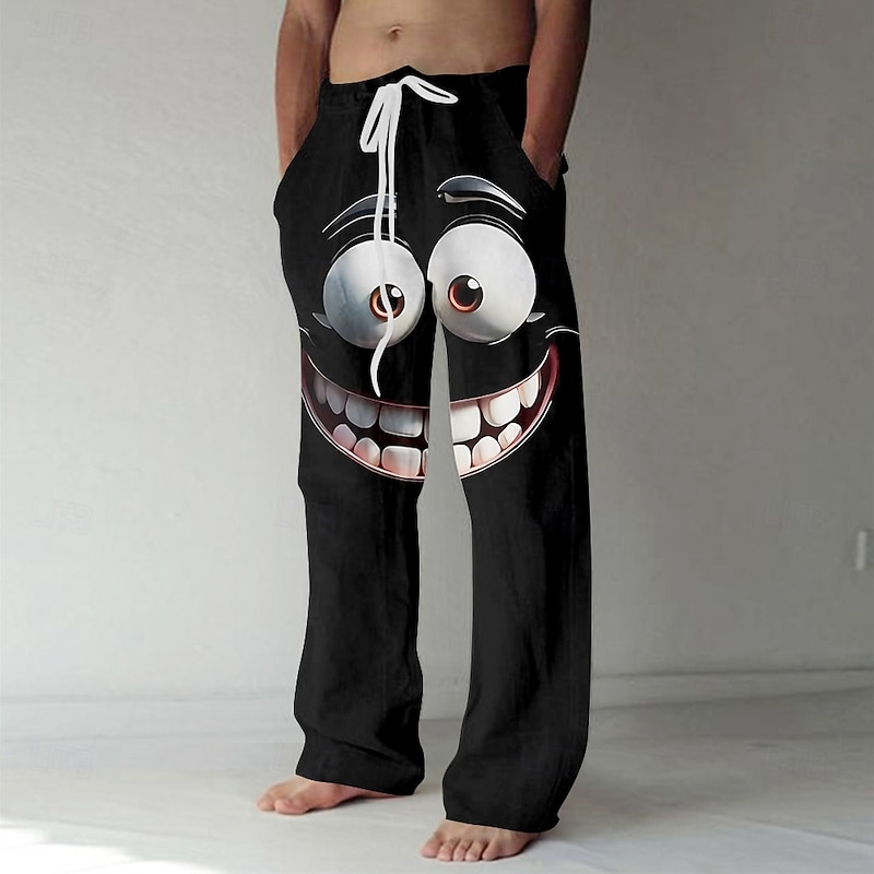 Men's 3D Cartoon Smile Face Big Eyes Trousers Baggy Pants Casual Pants Mid Waist Funny Outdoor Vacation Elastic Drawstring Waist Linen-Like Pants with Pockets Summer Spring Fall 3D Print Black Yellow