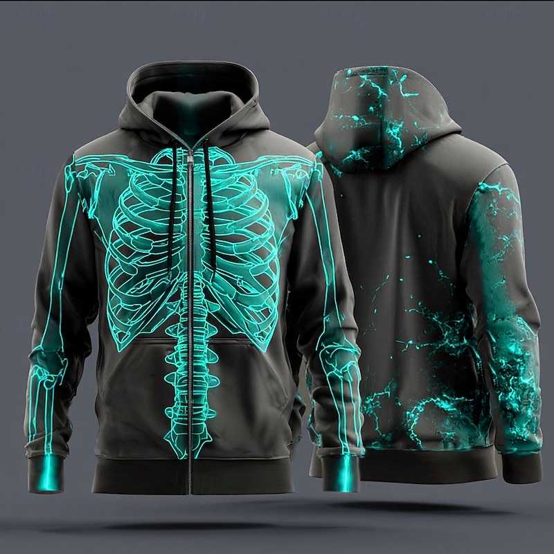 Halloween Men's 3D Skeleton Hoodie Sweatshirt Punk Cool Crew Neck Party Gift Streetwear Lake blue Red Drawstring Zipper Fall Winter Designer3