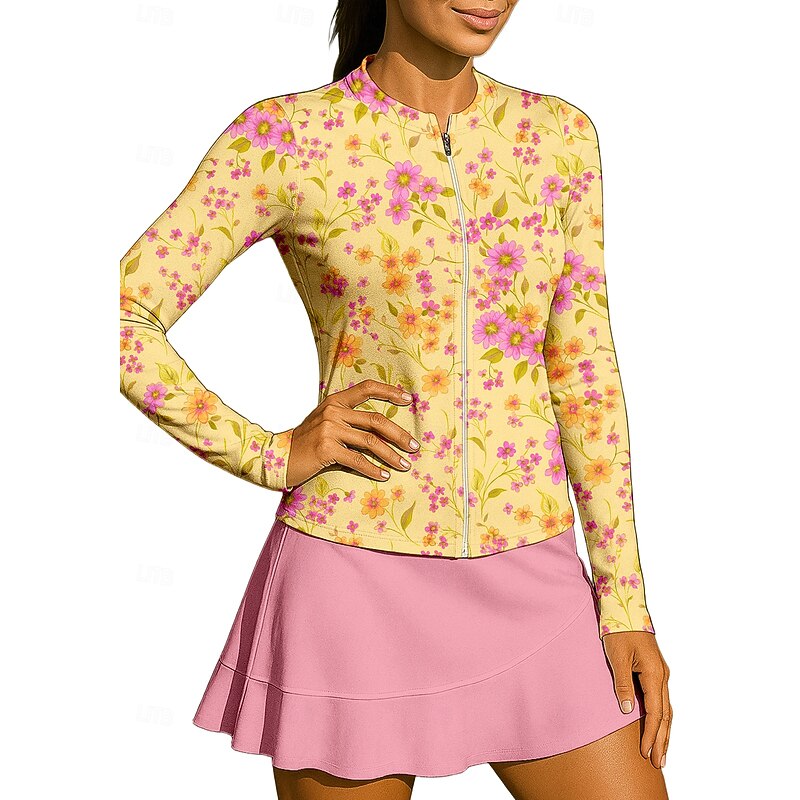 Women's Floral Sport Shirt Tennis Shirt Tennis Top Long Sleeve Zipper Floral UPF50+ UV Resistant High Elasticity Moisture Wicking Breathable Volleyball Tennis Golf Stand Collar Zip Collar Shirt