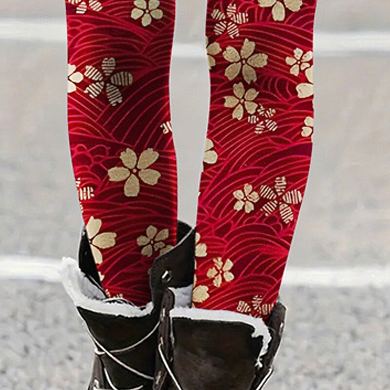 Women's Pants Trousers Leggings Cozy Leggings Streetwear Casual Full Length High Waist Floral Elastic Waist Print Breathability Comfortable Stretchy Vacation Street Daily Wear Red Summer Spring Fall3