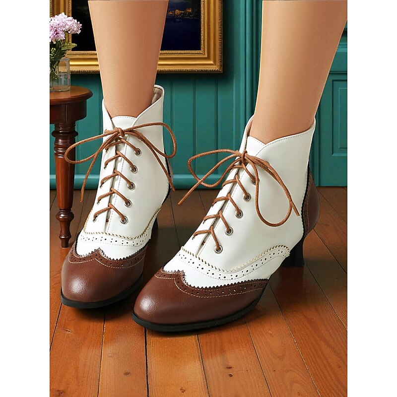 Women's 1950s Vintage Oxford Ankle Boots – Two-Tone Lace-Up Brogue Heels with Wingtip Design, Edwardian Style for Retro Outfits, Cosplay, Tea Parties and Daily Wear2