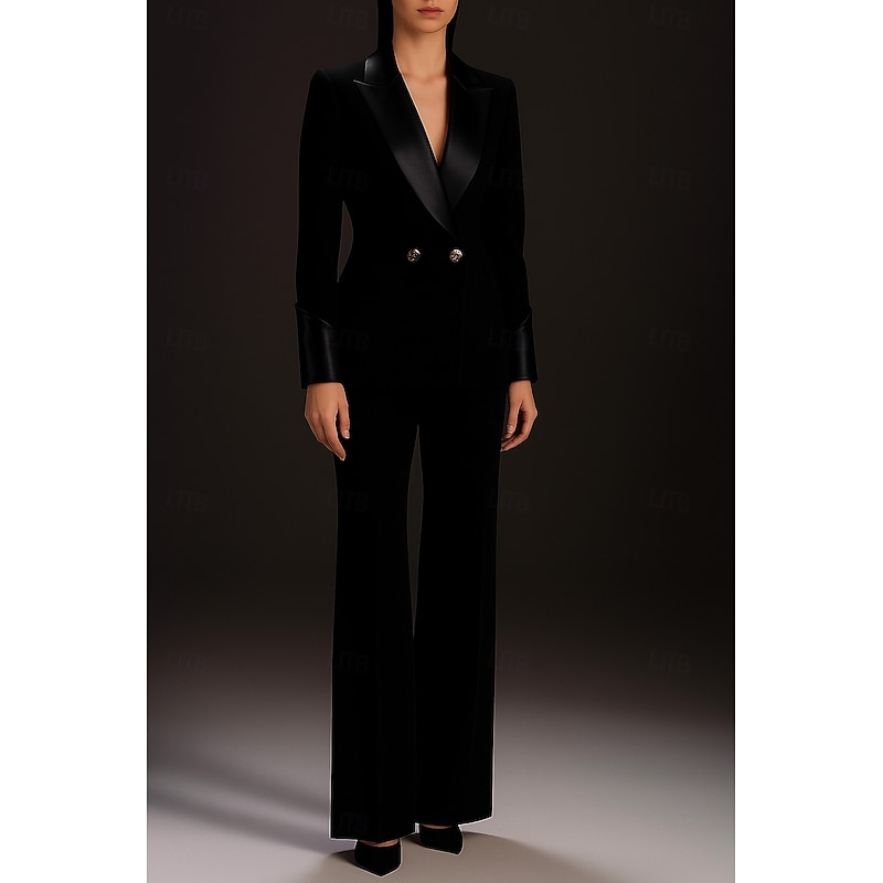 Women's 2 Pieces Suits Formal Wedding Guest Stretch Crepe Elegant Minimalist Long Sleeve Floor Length Peak Lapel Double Breasted3