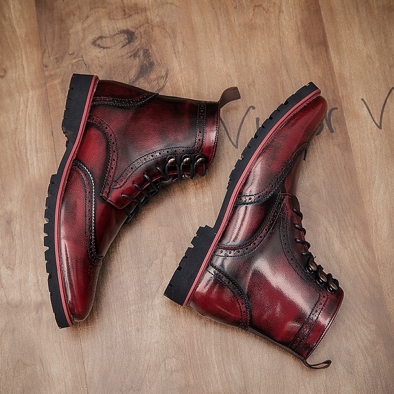 Men's Burgundy Faux Leather Combat Boots with Brogue Detailing – Durable Lace-Up Style for Casual Wear, Outdoor Walking, and Fashion Outfits2