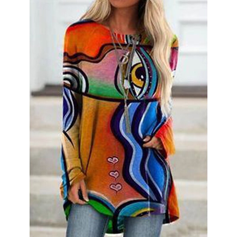 Women's T Shirt Graphic Geometric Vintage Stylish Casual Long Sleeve Crew Neck Long Tops Daily Print Sage Green Blue Orange Spring Fall2