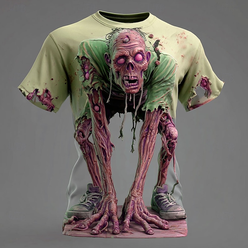 Halloween Men's Optical Illusion Zombies 3D T Shirt Short Sleeve T shirt 3D Print Crew Neck Shirt Exaggerated Designer Horror Party Street Holiday Yellow Blue Purple Summer Spring All Seasons2