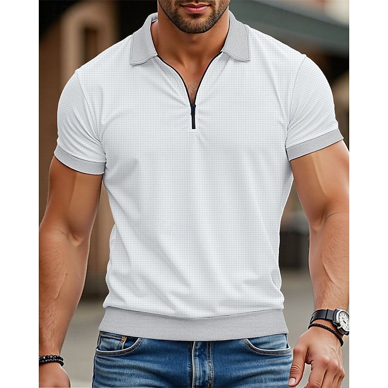 Men's Polo Shirts Quarter Zip Polo Daily Wear Date Quarter Zip Short Sleeve Fashion Basic Color Block Patchwork Zipper Summer Regular Fit Black White Royal Blue Khaki Gray Polo Shirts