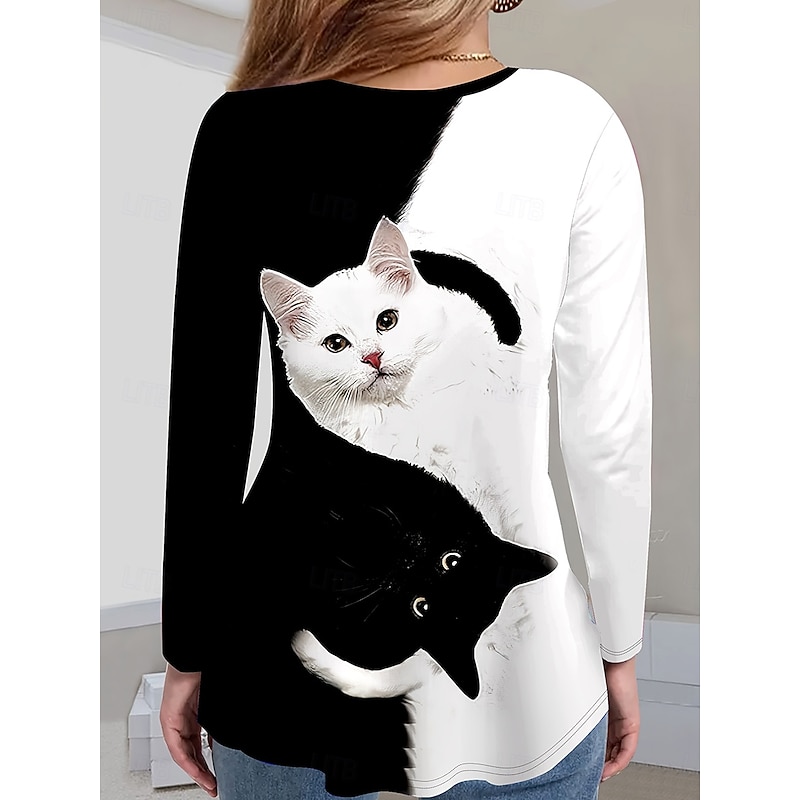 Women's T shirt Long Sleeve Graphic Animal Cat Vintage Stylish Classic Long Sleeve V Neck Regular Tops Daily Print Black Spring Fall Prefall2