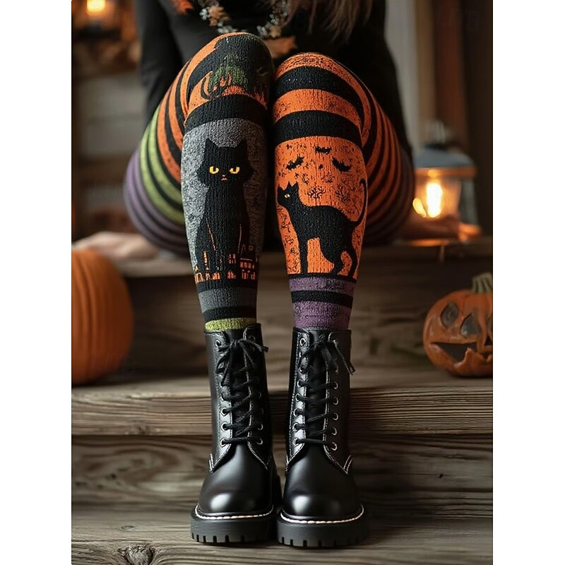 Women's Leggings Vacation Vintage Fashion Full Length High WaistPantsHalloween Graphic Skull Cat Printing Soft Breathable Stretchy Outdoor Vacation Street Maroon Orange Grey Spring Fall Winter Slim - Main Image