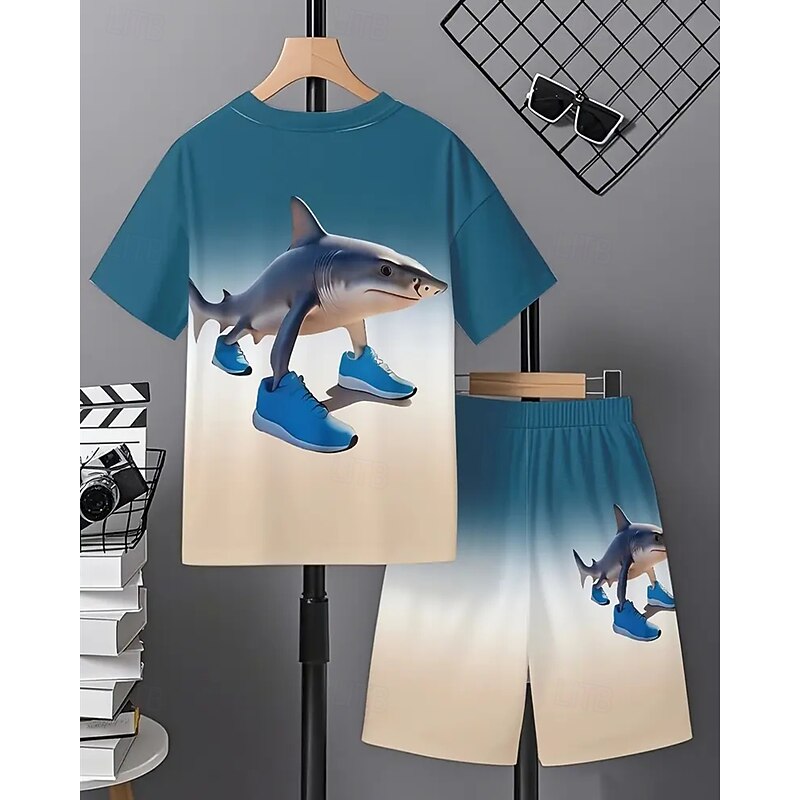 Boys' Cool Tralalero Tralala Sports Shoes Shark ITALIAN BRAINROT Print Short Sleeve Shorts Set Knitted Breathable Versatile Spring/Summer Cartoon Letter T-Shirt Outfit Casual Round Neck Short Sleeve2