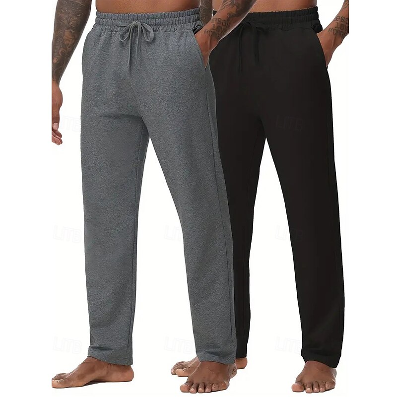 Multi Packs 2pcs Men's black+dark grey Sweatpants Trousers Drawstring Elastic Waist Plain Vacation Daily Wear Polyester Spring