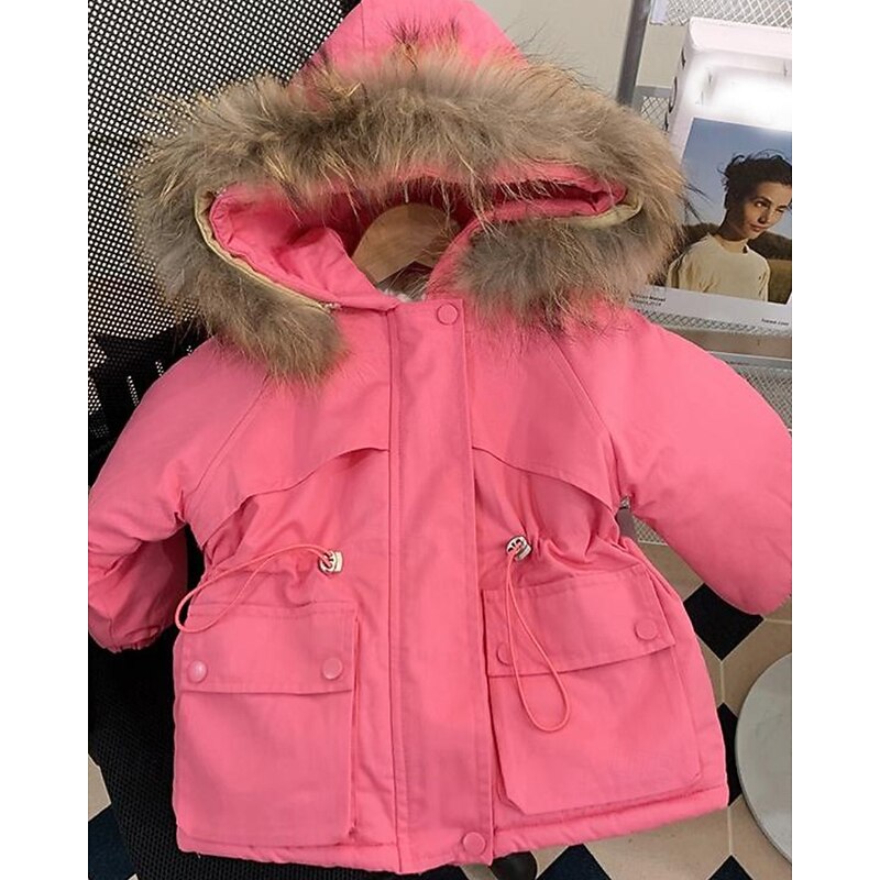 Kids Girls' Down Coat Solid Color Fashion Fur Trim Zipper Pocket School Coat Outerwear 4-12 Years Winter Pink Khaki3