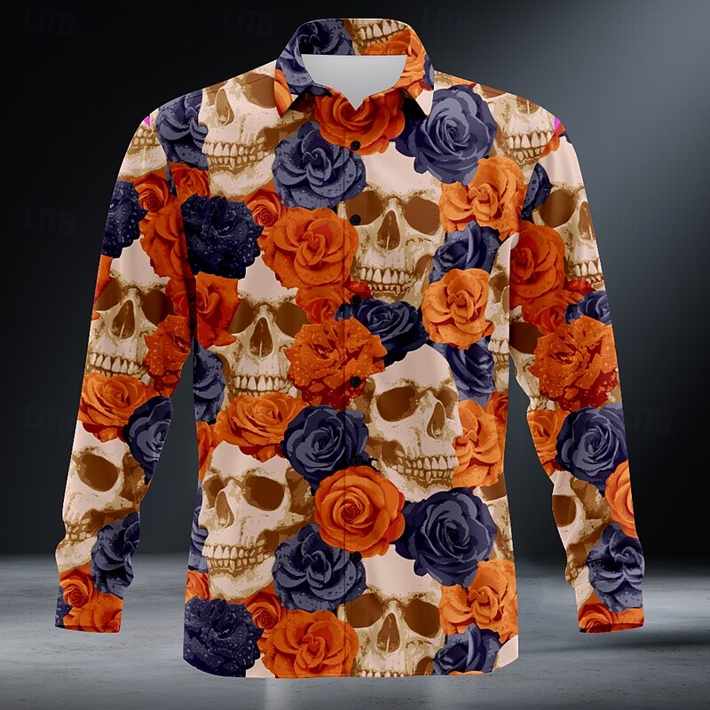Men's Halloween Costumes Day of the Dead Shirt Button Up Shirt Long Sleeve Dark Punk Gothic Style Outdoor Holiday Summer Spring Turndown 3D Print Collared Shirts Orange red Purple Orange2