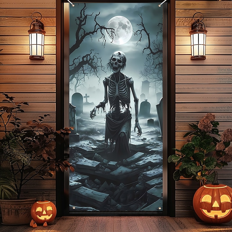 Halloween Tapestry Door Cover Outdoor Banners Skeleton Zombies Psychedelic Dark Punk Gothic Style Party Outdoor Shooting Backgrounds Front Door Wall Porch Home Decor3