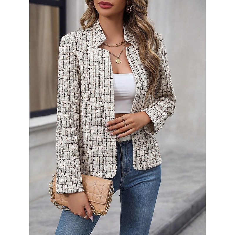 Women's Winter Jacket Comfortable Breathable Patchwork Casual Plaid Vacation Street Daily Wear Going out Open Front Regular Stand Collar Regular Fit Long Sleeve Outerwear Black And White Apricot Gray2