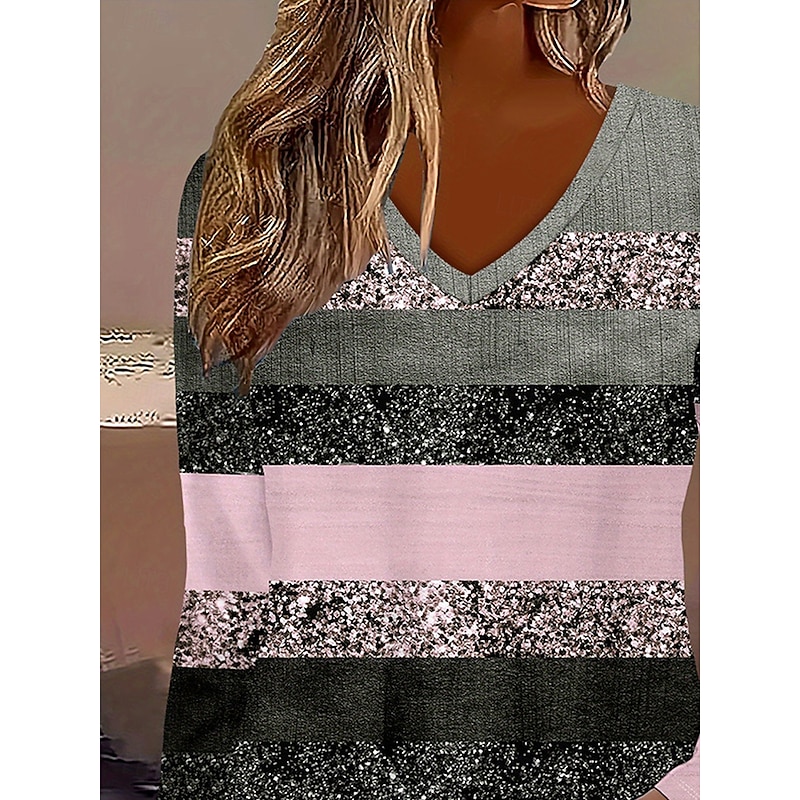Women's T Shirt Graphic Geometric Striped Vintage Stylish Classic Long Sleeve Crew Neck V Neck Round Neck Regular Tops Daily Print Dusty Rose Spring Fall Winter2