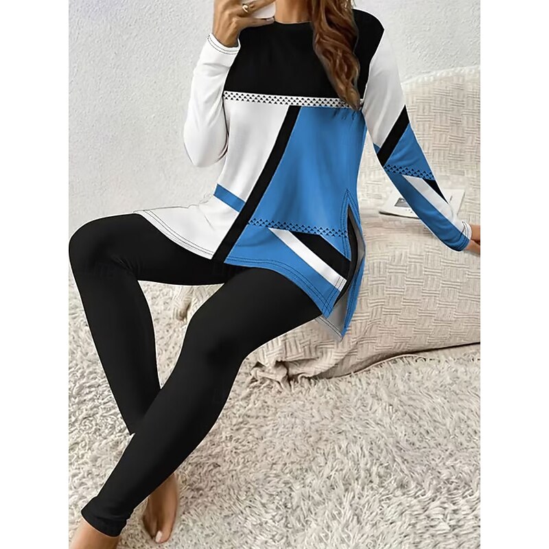 Women's Pajama Set Loungewear Round Neck Long Sleeve Casual Fashion Pants Sets Graphic Geometric Print Daily Daily Pink Red Blue Spring Regular Fit3