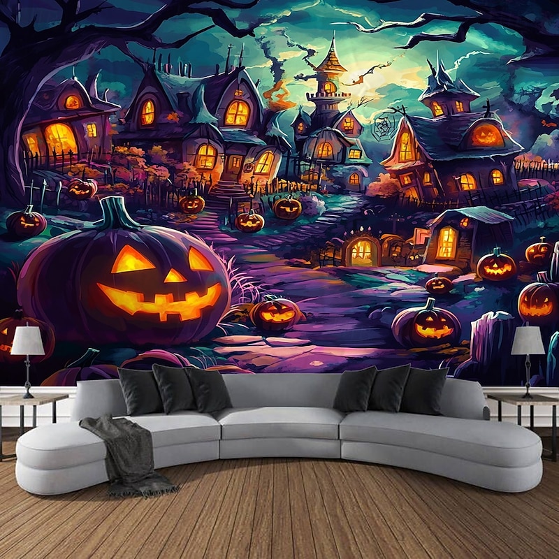 Halloween Photo Backdrop Tapestry, Pumpkin Ghost and Skull Pattern Wall Hanging, Large Decorative Mural for Bedroom, Living Room, Party, and Home Decoration
