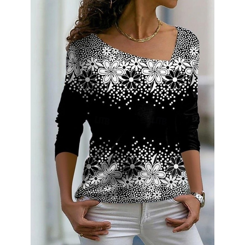 Women's T shirt Long Sleeve Floral Graphic Plants Vintage Stylish Basic Long Sleeve V Neck Off Shoulder Regular Tops Weekend Print Asymmetrical Black Spring, Fall, Winter,  Prefall