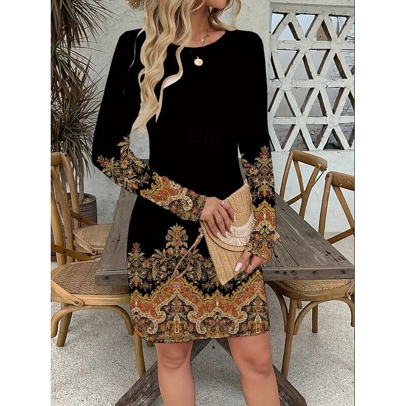Women's Mini Dress Corset Dress Vacation Casual Boho Birthday Daily Holiday Regular Fit Graphic Paisley Tribal Long Sleeve Crew Neck Black Gold Gray Spring Fall Winter4