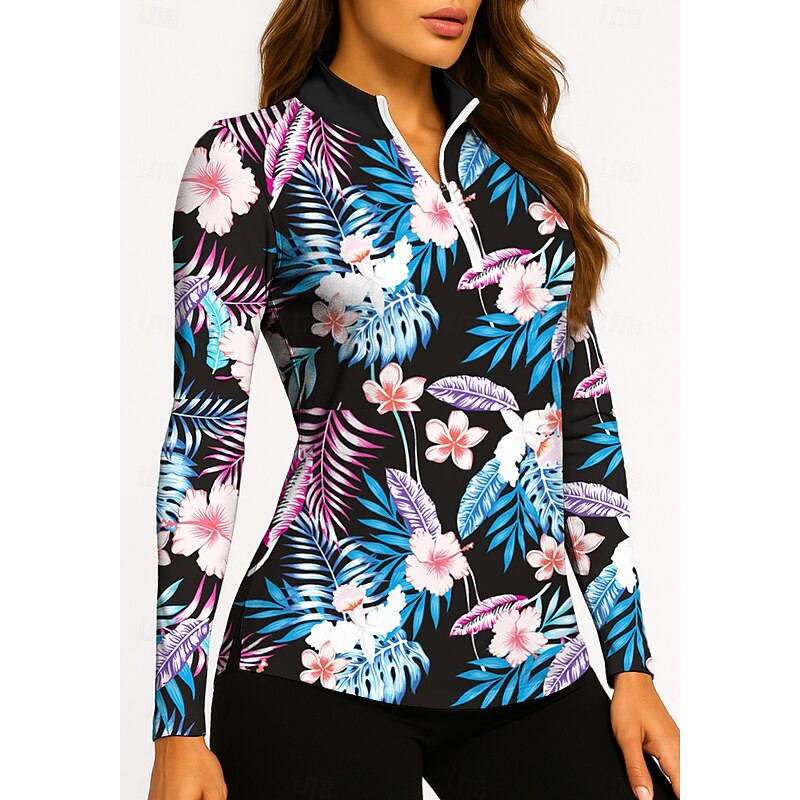 Women's Plants Floral Tropical Floral Botanical Tops Golf Polo Shirt Tennis Shirt Tennis Tee Long Sleeve Print Quarter Zip Pullover UPF50+ UV Protection Elastic Breathable Volleyball Tennis Golf3