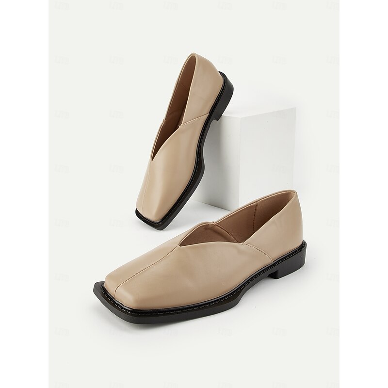 Women's Beige Square Toe Slip-On Loafers - Faux Leather Low Heel Comfort Shoes with V-Cut Vamp, Minimalist Modern Style for Casual Wear, Office Outfits and Autumn Fashion3