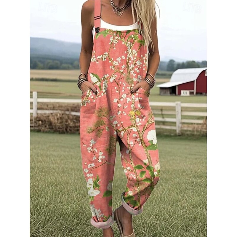 Women's Dungarees Active Floral Sleeveless Harem Drawstring with Pocket Vacation Street Loose Fit Black White Blue Summer3