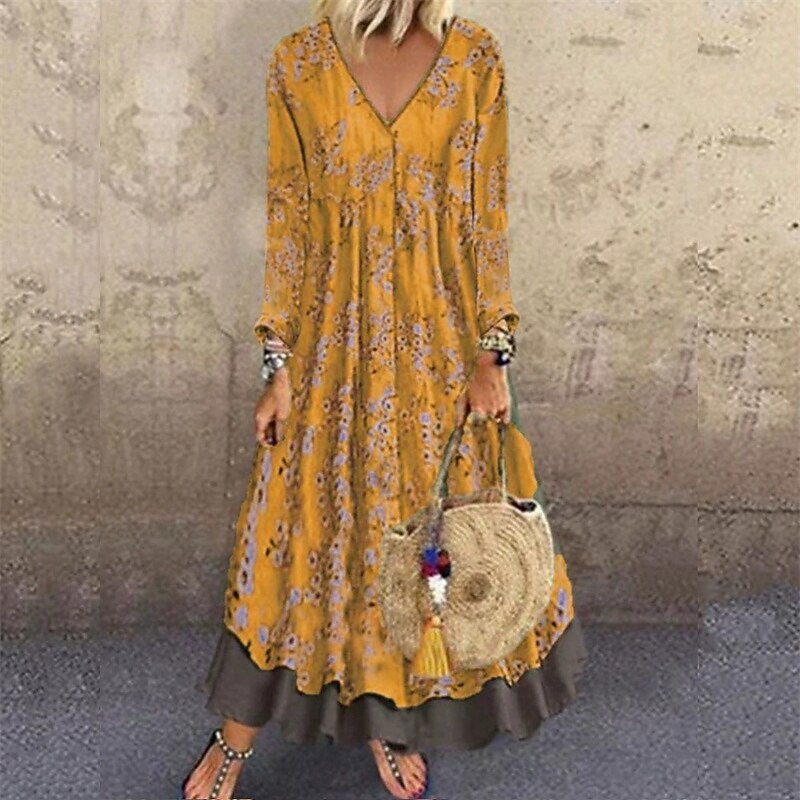 Women's Long Dress Maxi Dress Print Dress Fashion Classic Modern Outdoor Vacation Holiday Regular Fit Graphic Flower Long Sleeve V Neck Yellow Wine Blue Green Spring2