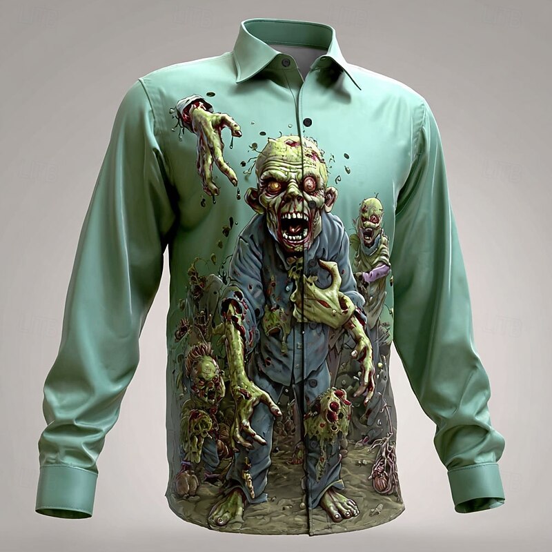 Halloween Men's Zombies Halloween Costumes Shirt Button Up Shirt Long Sleeve Dark Punk Gothic Style Outdoor Holiday Summer Spring Turndown 3D Print Collared Shirts Blue Purple Green Khaki - Main Image