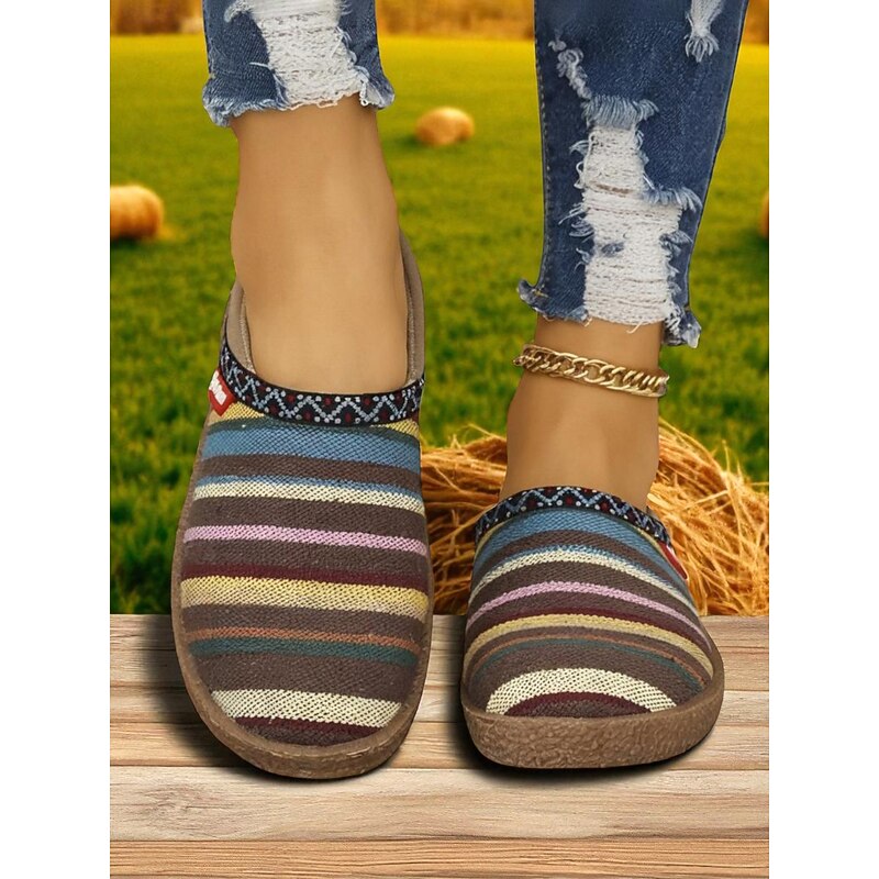 Women's Wide Fit Multicolor Striped Slip-On Mules – Casual Comfort Shoes with Cork Insole for Walking, Travel and Everyday Wear4