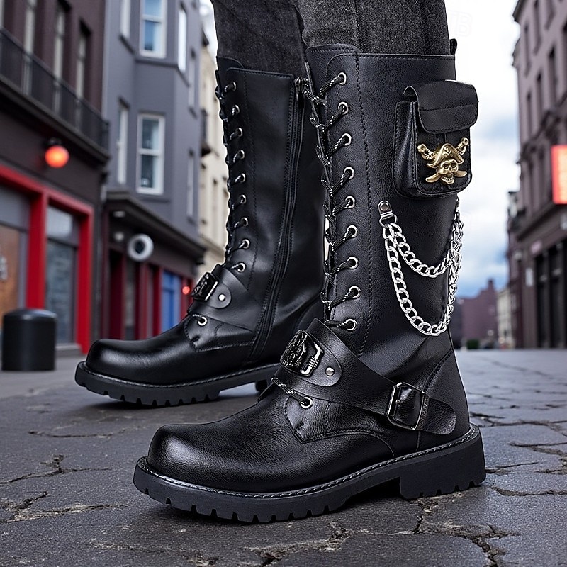 Men's Black Combat Boots - Gothic Punk Lace-Up Motorcycle Style with Chains and Buckles, Urban Streetwear Footwear for City Outfits