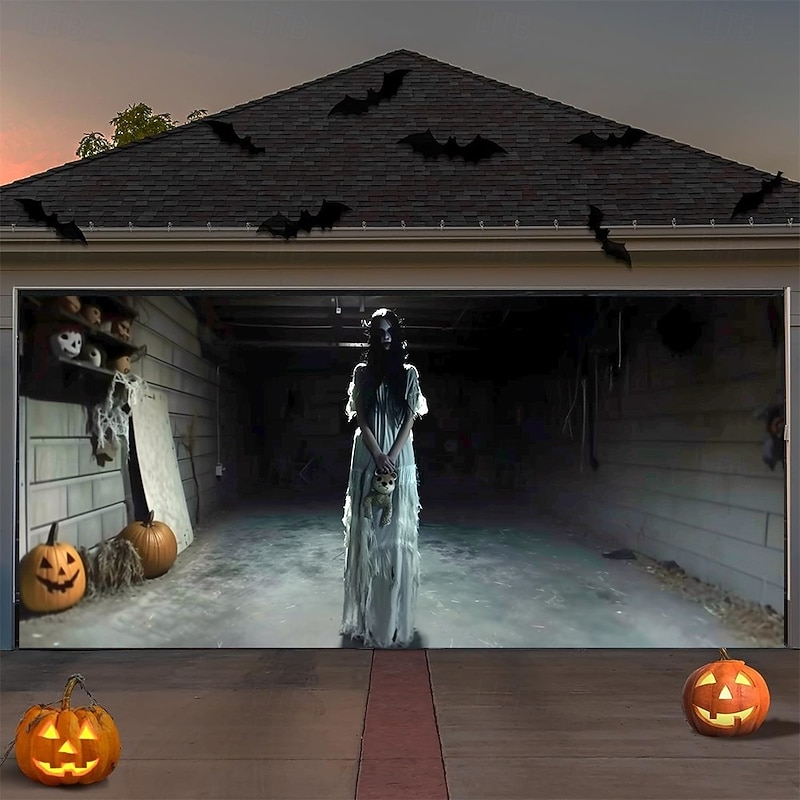Halloween Garage Door Cover Creepy Girl in Haunted Garage Banner Horror Ghost Scene Backdrop Tapestry for Scary Outdoor Decoration