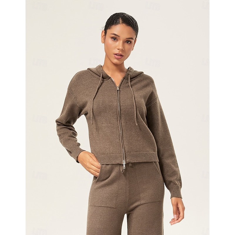 Women's Coffee Brown Hooded Zip-Up Sweater Drop Shoulder Long Sleeve Double-Ended Zipper Casual Stylish Daily Fall